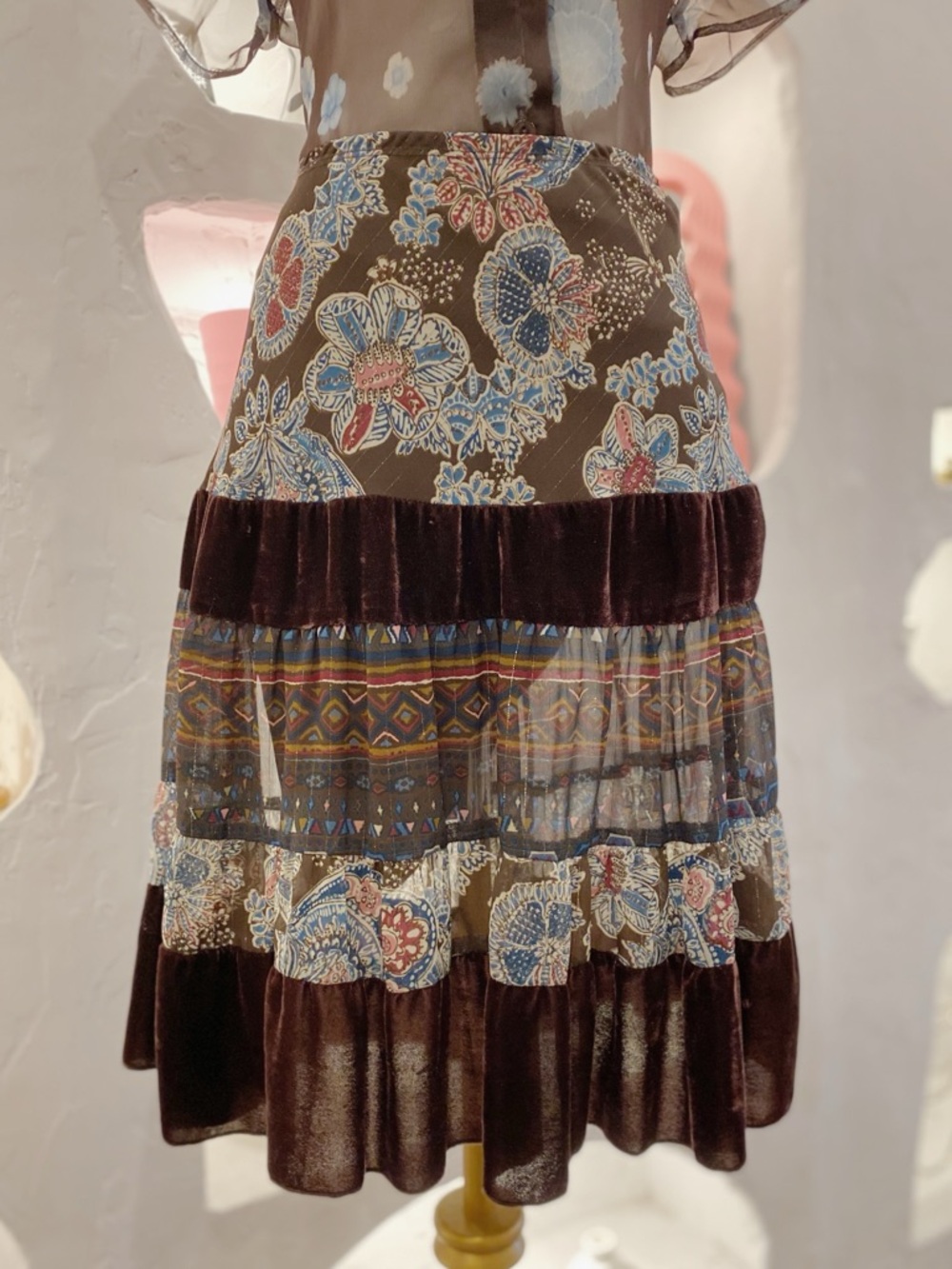 Brown Y2K Boho Floral Tiered Ruffle Velvet & Mesh Elastic Waist Skirt